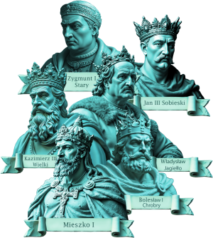 Torba Mieszko I, Król Bolesław Chrobry, Król Kazimierz Wielki, Król Władysław Jagiełło, Król Zygmunt Stary, Król Jan III Sobieski - nadruk