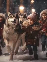 Children playing with wolves