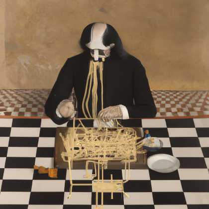 Mężczyzna jedzący spaghetti na planszy szachowej