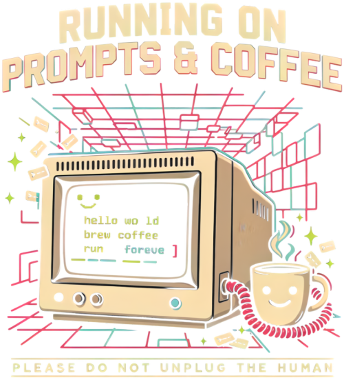 Running on Prompts & Coffee – Retro AI Programmer Design
