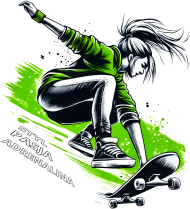 Bluza z Kapturem Dla Dziewczynek - Młoda skateboardzistka wykonująca skok z deskorolką - energetyczna ilustracja pełna stylu, pasji i adrenaliny w zielonej kolorystyce