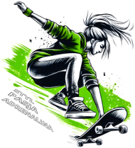 Rozpinana Bluza z Kapturem Dla Dziewczynek - Młoda skateboardzistka wykonująca skok z deskorolką - energetyczna ilustracja pełna stylu, pasji i adrenaliny w zielonej kolorystyce