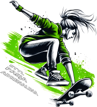 Bluza Damska Klasyczna - Młoda skateboardzistka wykonująca skok z deskorolką - energetyczna ilustracja pełna stylu, pasji i adrenaliny w zielonej kolorystyce