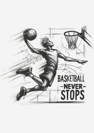 Plakat A1 - Dynamiczna grafika koszykarza w locie z hasłem 'Basketball Never Stops'