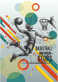 Plakat A2 - Dynamiczna grafika koszykarza w locie z hasłem 'Basketball Never Stops'