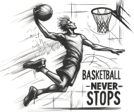 Koszulka Damska - Dynamiczna grafika koszykarza w locie z hasłem 'Basketball Never Stops'