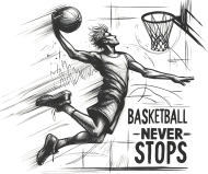 Damska Koszulka z Długim Rękawem - Dynamiczna grafika koszykarza w locie z hasłem 'Basketball Never Stops'