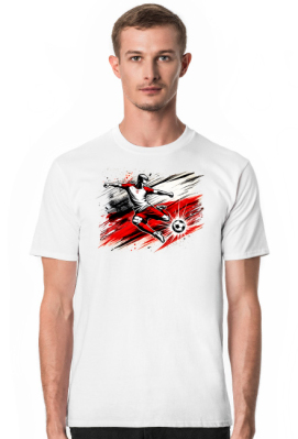 Koszulka męska z dynamiczną grafiką polskiego piłkarza w akcji na tle stylizowanej flagi Polski w stylu pop-art - Sojsports