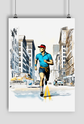Plakat A2 Pionowy - Bieg przez miasto w stylu retro: Energia i Determinacja w ulicznym chaosie - Sojsports