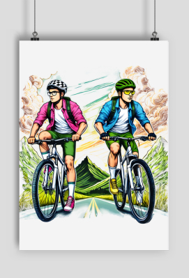 Plakat A1 Pionowy - Dwaj Młodzi Kolarze Jadący Przez Górzysty Krajobraz o Świcie - Sojsports
