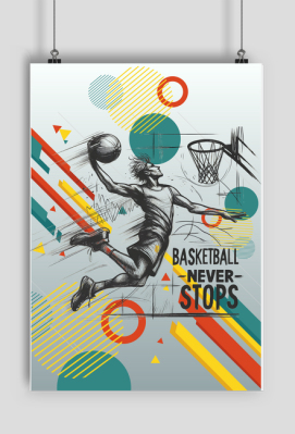 Plakat A1 - Dynamiczna grafika koszykarza w locie z hasłem 'Basketball Never Stops' - Sojsports