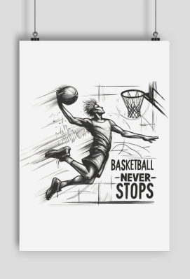 Plakat A2 - Dynamiczna grafika koszykarza w locie z hasłem 'Basketball Never Stops' - Sojsports