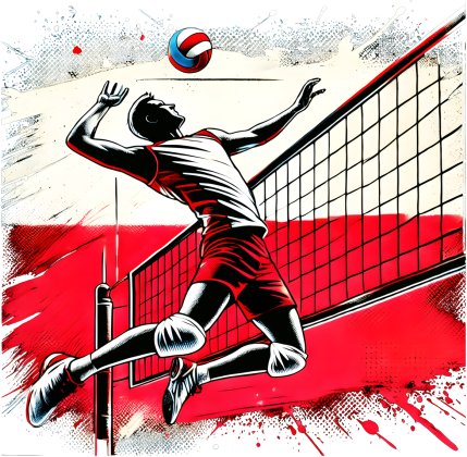 Polski siatkarz w dynamicznym skoku nad siatką na tle stylizowanej flagi Polski – pop-art grafika w intensywnych odcieniach czerwieni, czerni i bieli – Bluza Damska z Kapturem