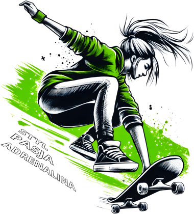 Bluza Dla Dziewczynek - Młoda skateboardzistka wykonująca skok z deskorolką - energetyczna ilustracja pełna stylu, pasji i adrenaliny w zielonej kolorystyce