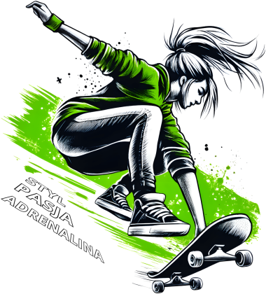Koszulka Dla Dziewczynek - Młoda skateboardzistka wykonująca skok z deskorolką - energetyczna ilustracja pełna stylu, pasji i adrenaliny w zielonej kolorystyce