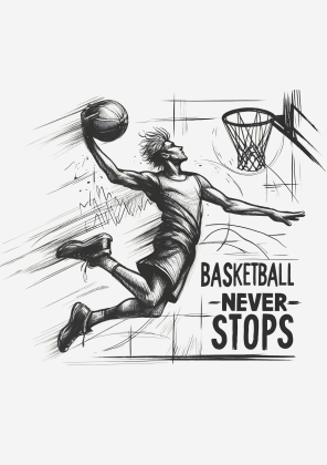 Plakat A1 - Dynamiczna grafika koszykarza w locie z hasłem 'Basketball Never Stops'