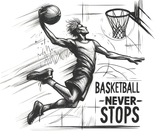 Koszulka Damska - Dynamiczna grafika koszykarza w locie z hasłem 'Basketball Never Stops'