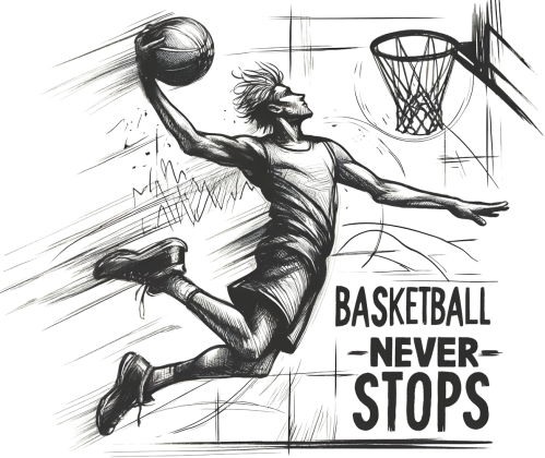 Damska Koszulka z Długim Rękawem - Dynamiczna grafika koszykarza w locie z hasłem 'Basketball Never Stops'