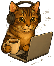 Kot z kawą i słuchawkami na uszach