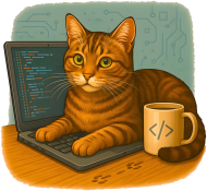 Kot siedzący na laptopie obok kubek kawy - IT Nerd Programming Humor