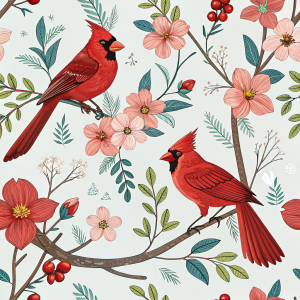 Poduszka Cardinal Bird – Dekoracyjna Poduszka z Czerwonym Ptakiem w Stylu Botanicznym - nadruk