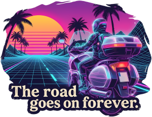Retro motocyklista na tle zachodu słońca - nadruk