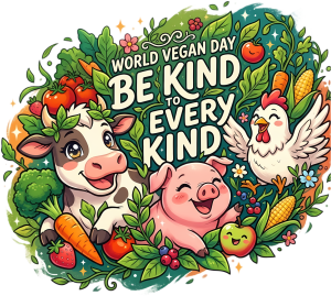 Koszulka World Vegan Day – Be Kind to Every Kind | Wegańska Świnia Krowa Kura - nadruk