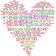 Magnes-serce wypełnione tekstem w różnych językach i kolorach „bądź moją walentynką”