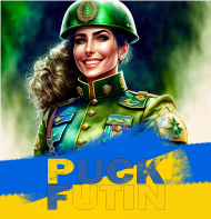 Koszulka -Napis puck futin z flagą Ukrainy i żołnierzem kobietą